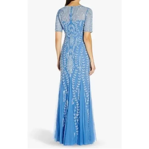 Adrianna Papell blue embellished beaded overlay mermaid occasion dress 12